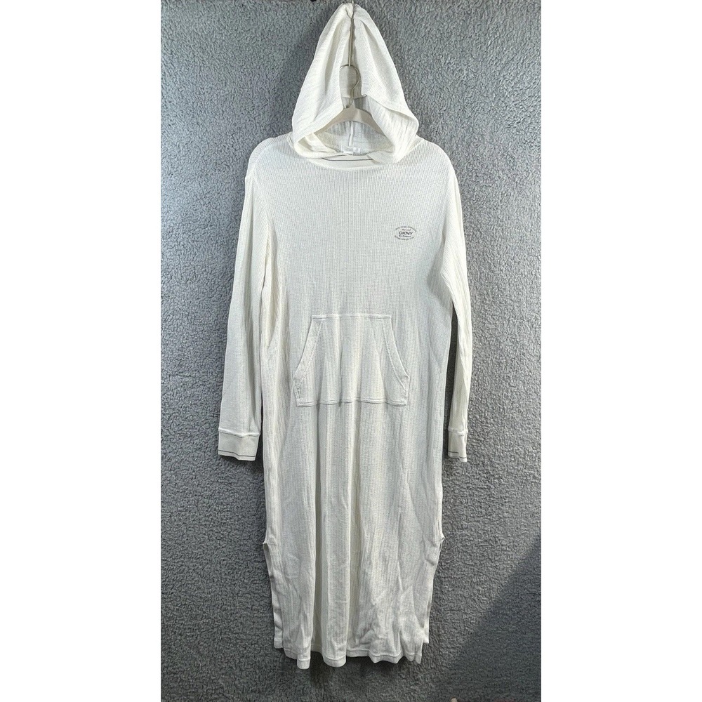 DKNY Womens L White Waffle Knit Hooded Sleep Shirt Lounge Dress‎